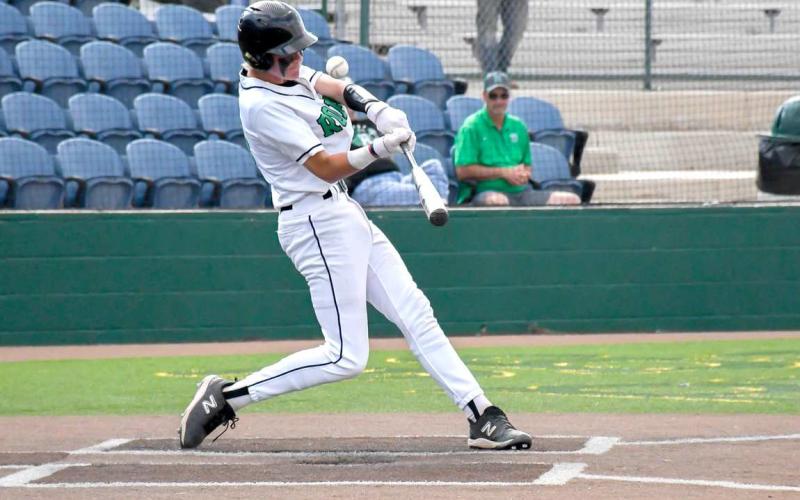 HIT BY PITCH- The Ropes Eagles lost to Hawley two games to none in the UIL Regional High School Baseball Semifinals Thursday and Friday in Midland. The Eagles’ end their season as district runners-up, bi-district champions and regional quarterfinal champions. Eagle Kade Franklin was hit by a pitch and awarded first base during the contest. (Staff Photo by Dom Puente)