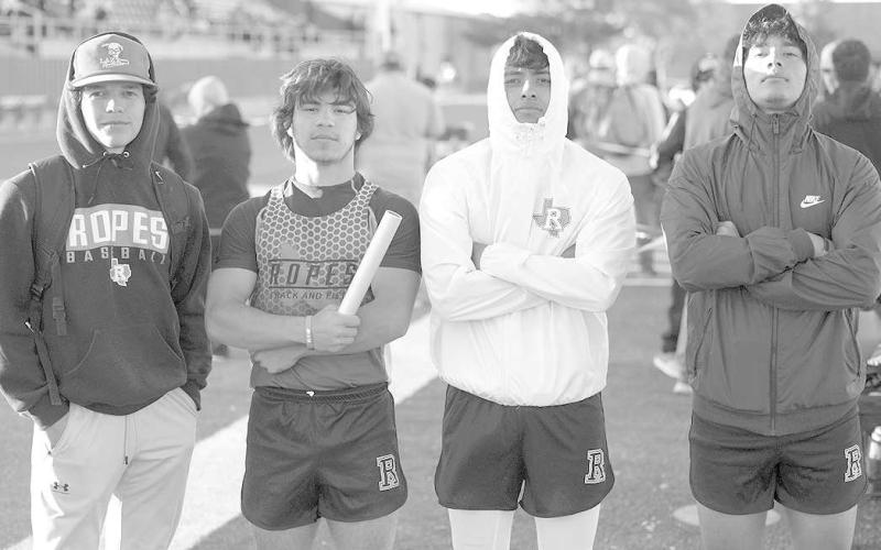AREA SPRINT RELAY- The Ropes Eagles sprint relay team placed third at the district meet with a time of 45.64. The sprint relay team included Ben Saldivar, Luis Padilla, Mason Marmalejo, and Art Hernandez. The ropes sprint relay team will be running at the area meet. (Photo Courtesy of Donovan Martin)