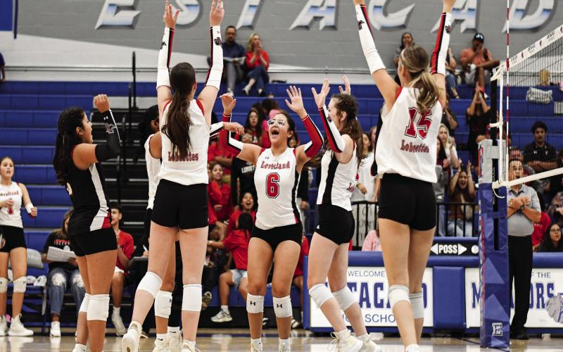POINT FOR THE LOBOETTES - The Levelland Loboettes volleyball team celebrates after scoring a point in their match against Lubbock Estacado this past Tuesday at Estacado High School. The Loboettes would later go on to sweep Estacado. (Staff photo by Jentezen Smith)
