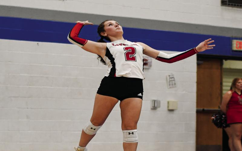 POTTER ON THE SERVE - Freshman Lola Potter performs the serve for Levelland against Lubbock Estacado this past Tuesday at Estacado High School. Potter would record three aces in the Loboettes sweep of the Matadors. (Staff photo by Jentezen Smith)