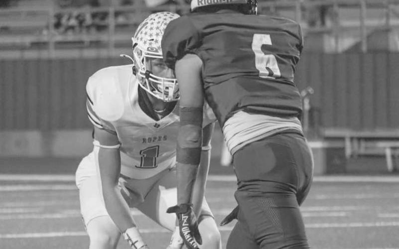 PRESS COVERAGE - Ropes Eagle Reese Williams pressed the Farwell wide receiver during the team’s Area Round win in Sundown this past Friday. (Staff photo by Aalijah Soliz)