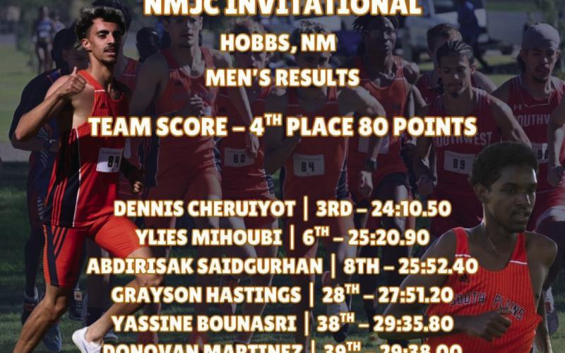 TEXANS XC PERFORMS WELL - The South Plains Men’s Cross Country team put on a strong performance at the New Mexico Junior College Invitational on September 26. They compete next at NMJC again this Friday at 9 a.m. (Graphic provided by SPC Athletics)