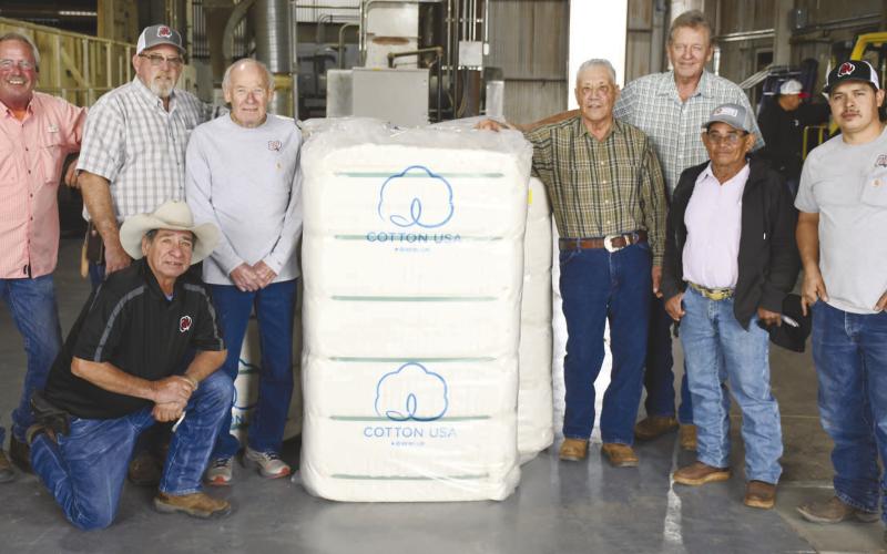 BEAUTIFUL FIRST BALE - As harvest season begins for this year’s current cotton crop, cotton gins around west Texas are beginning to put in the long hours to get the job done. For Southwest Willingham Gin, their first bale was packaged last week. Pictured from left in no particular order are; Freddie Brown, Larry Ivins, Gary Willingham, Junior Salazar, Frank Ruiz, Emeterio Trujillo and Todd Willingham. (Staff Photo by Dom Puente)