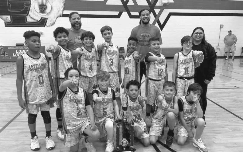 CHAMPIONS - The Junior Boys All Star Levelland Team won the American National Little Dribbler’s Tournament going 4-0 last weekend. Pictured are: Tayson Franklin, Taelon Flores, Tomas Gonzalez, Mason Swain, Ian Tucek, Hunner Tomasini, Joey Wheeler, Nehemiah Saucedo, Gavyn Escobar, Silas Pena, Cai Dent and Aiden McCleod. (Photo courtesy of Kylie Boggs)