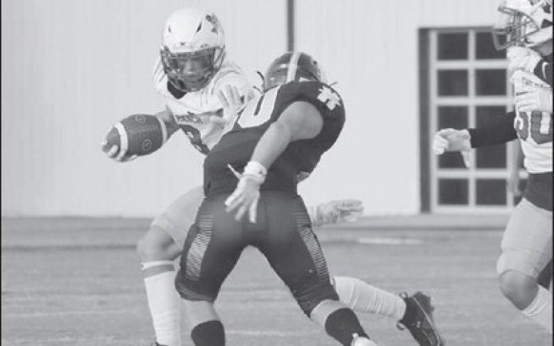 TACKLE - Morton athlete Cade Lyon made the open field tackle on the quarterback in the teams homecoming loss. (Staff photo by Aalijah Soliz)