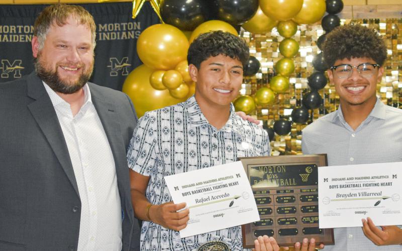 BOYS BASKETBALL AWARDS - Most Valuable Player: EJ Rivas, Offensive MVP: Britton Boggs, Defensive MVP: Jaeden Alvarado and Fighting Heart: Rafael Acevedo and Brayden Villarreal. (Staff photo by C.R. Calhoun)