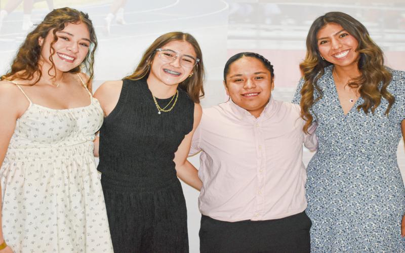 GIRLS BASKETBALL AWARDS - Most Valuable Player: Haylee Toscano, Offensive MVP: Addysyn Sabala, Defensive MVP: Khloe Aguirre and Fighting Heart: Ada Torres. (Staff photo by C.R. Calhoun)