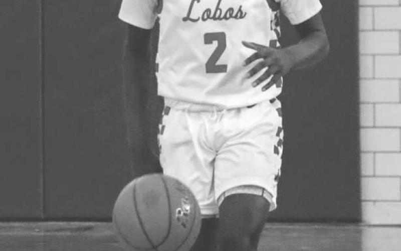 PLAYMAKER - Levelland Lobo Elijah Jordan brought the ball down the court during the teams first game of the Littlefield Tournament last week against the Hale Center Owls. (Staff photo by Aalijah Soliz)