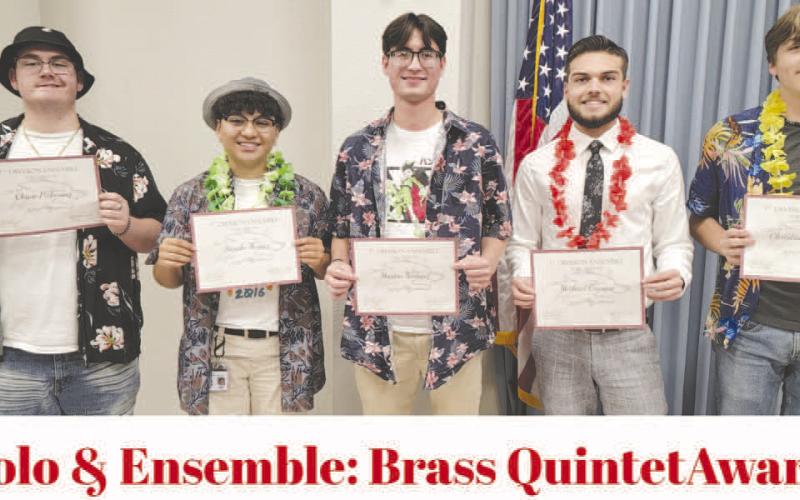BRASS QUINTET- Levelland High School band members qualified for state in division I ensemble. Brass quintet had four LHS students qualify. Pictured from left to right are: Chase Pickering, Sarahi Munoz, Martin Nieland, Michael Osornio and Christian Wheeler. (Photo Courtesy of Cristal Isaacks)