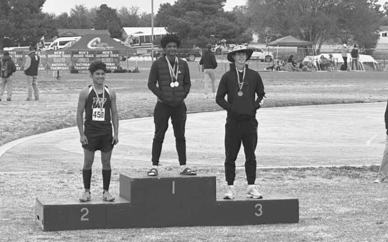 STATE BOUND - Whitharral Panthers Brent Robinson and Nomar Gomez advance to state in triple jump after Robinson placed first and Gomez was runner up. (Photo courtesy of Whitharral ISD)