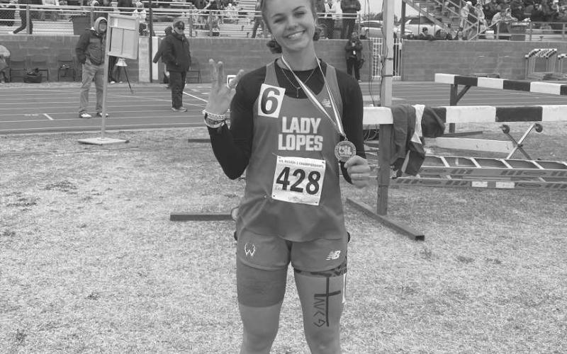 THIRD PLACE - Whiteface Lady Lope Lainey Sanders placed third place in the 200 meter dash this past weekend at the SPC track for the regional meet. (Photo courtesy of Holly Crutcher)