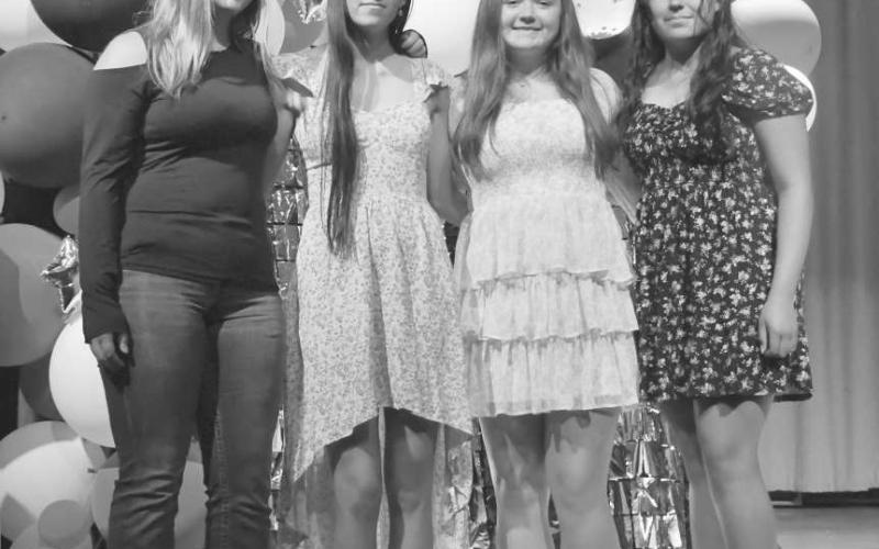 JV CROSS COUNTRY - Smyer High School honored the junior varsity cross country team at their awards ceremony on Monday, May 13 in the high school auditorium. Pictured from left to right are Lynzie Benevedes, Berenicce Lara, Sarah Benevedes and Marianna Lara. (Photo courtesy of Jay Kelley)