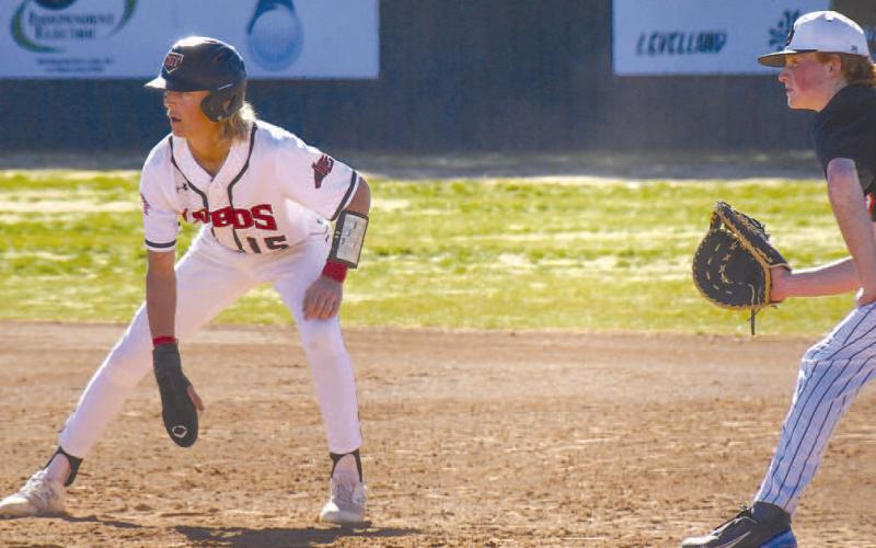 BIG LEAD- Lobo Wyatt Baccus eased into a big lead on first base during the Levelland Line Drive Classic last weekend. The Lobos will be back on the field March 9th for the Greenwood Tournament. (Staff Photo by Dom Puente)