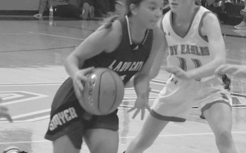 TO THE BASKET- Aubrie Arteaga had six points leading the Smyer Lady Cats in a 65-36 road loss to the Ropes Lady Eagles in UIL high school girls’ basketball action last Tuesday. The Smyer girls are in the Nazareth Tournament this weekend and the Lady Eagles are in Breckenridge. (Photo Courtesy of Jay Kelley)