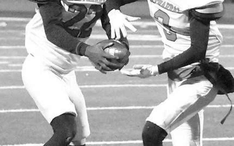 PANTHER HAND-OFF- The Whitharral Panthers football team dominated the Klondike Cougars, 64-20, Friday in Lubbock during the area round of playoffs. Panther Shamadrick Weaver is pictured taking a hand-off during the contest. (Staff Photo by Dom Puente)