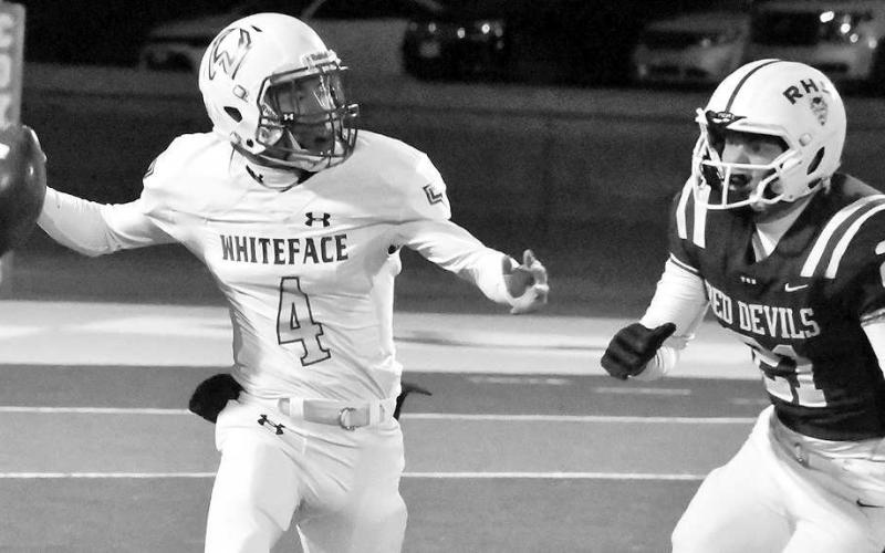 ANTELOPE PASS- Jeremiah Rendon threw for 147 yards and two touchdowns for the Whiteface Antelope against the Rankin Red Devils last Friday night in Gail. The Antelopes lost 70-24 in the area round of the UIL Class 1A-1 high school football playoffs. They finished their season at 9-3 with district and bi-district championships. (Photo Courtesy of Jay Kelley)