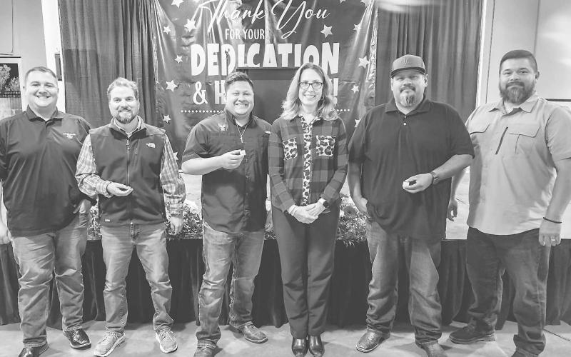 FIVE YEARS OF SERVICE - During the City of Levelland’s 55th Annual Employee Appreciation Banquet, several employees were recognized for reaching the five years of service mark. Pictured from right to left are: Joshua Rincones with the LPD, Dustin Reichelt with the Parks and Cemetery Department, Emilio Miranda with the LPD, City Secretary Andrea Corley, Amado J. Galvan with the Street Department and Eli Colunga with Code Enforcement. Not pictured is Ivan Baeza with the LPD. (Staff photo by Dom Puente)