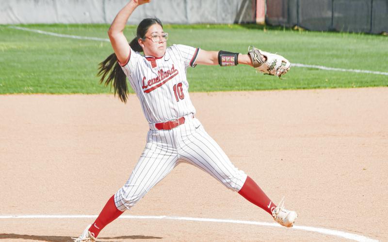 WINNING PITCHER - Levelland Loboette Delaney Delgado delivers a pitch during their district softball game against Liberty this past Tuesday at Levelland High School. Delgado would pitch 2.2 innings and earn the win after holding Liberty to three earned runs on three hits and four walks while striking out three batters. (Staff photo by Jentezen Smith)