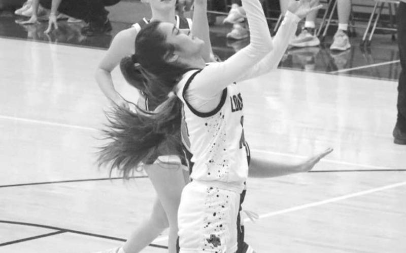 CONTESTED SHOT - Levelland Loboette Carly Tienda layed the ball up through the contact during the teams first game off the Littlefield Tournament against the Olton Phillies. (Staff photo by Aalijah Soliz)