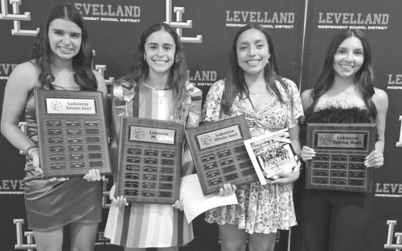GIRLS BASKETBALL - Levelland Loboettes Mia Morin earned Fighting Heart Award, Leilani Sanchez earned Defensive MVP, Olivia Velardez earned Offensive MVP and Carly Tienda earned Lobo MVP. (Photo courtesy of Levelland ISD)