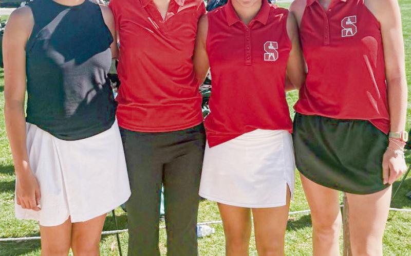 RUNNERS-UP - The Sundown Roughettes golf team finished runner-up at the Sands In vitational with a score 458. Pictured in no particular order is Maddy Medrano, Bethany Honesto, Jayden Sandlin and Addilyn Hord. (Photo provided by Sundown ISD)