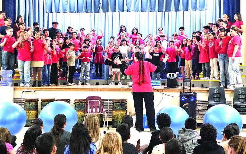 MUSIC TIME-- LISD South Elementary fourth graders performed a music program on Wednesday showcasing the skills they've been learning with music director Jennifer Turner this year. Students played the ocarinas, sang songs and showed off their drumming skills. (Levelland ISD photo)