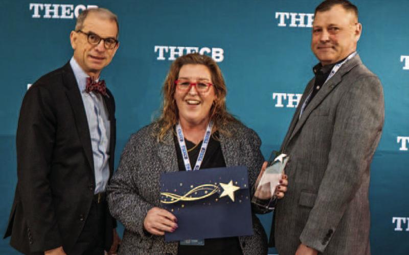 The Texas Higher Education Coordinating Board honored South Plains College with a 2025 Star Award for innovating its coursework with open educational resources and artificial intelligence during the Higher EDge 2025 conference in December at the AT&amp;amp;T Hotel and Conference Center in Austin. Pictured from the left are THECB Commissioner Dr. Wynn Rosser, SPC Instructional Designer Heather Medley and SPC Industrial Technology Department Chair Jimmy Stratton. (Photo courtesy of THECB)