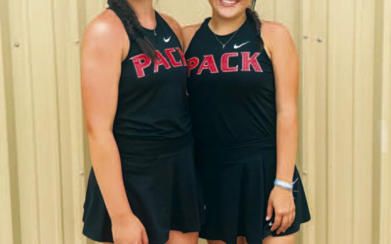 DISTRICT BATTLE - Levelland Varsity Pack Tennis competed in their district tournament April 28-29. Pictured are Teagan Brothers and Madison Brothers who competed in the girls doubles bracket and earned a fourth place finish. (Photo courtesy of Cristal Isaacks)
