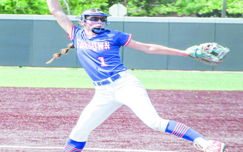 IMPACT PLAYER - Sundown Roughette Breigh Gregory delivers a pitch in game two of their playoff softball series against Muenster this past Saturday at Abilene Christian University. Gregory finished the series with eight runs-batted-in and a win on the mound. (Staff photo by Jentezen Smith)