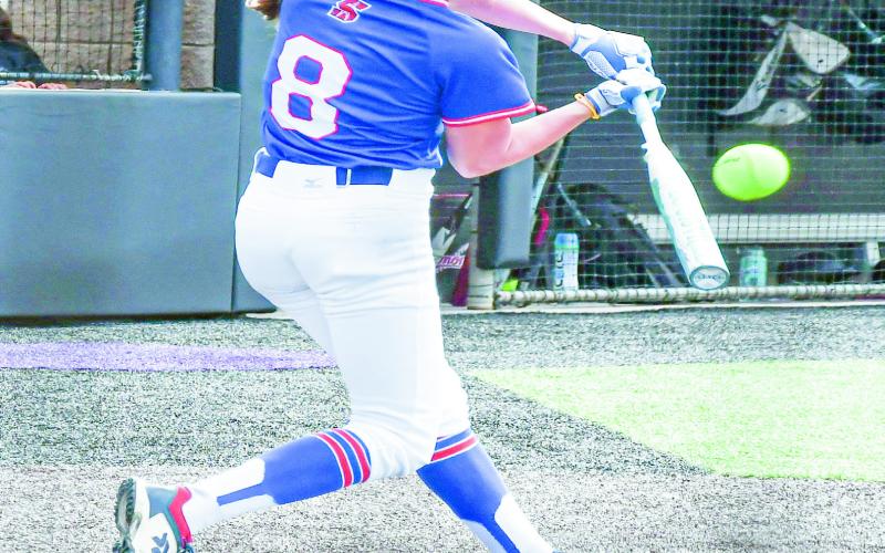 SQUARE ONE UP - Sundown Roughette Camry Jourden squares up a pitch with her bat during their playoff softball series against Muenster this past Saturday at Abilene Christian University. (Staff photo by Jentezen Smith)