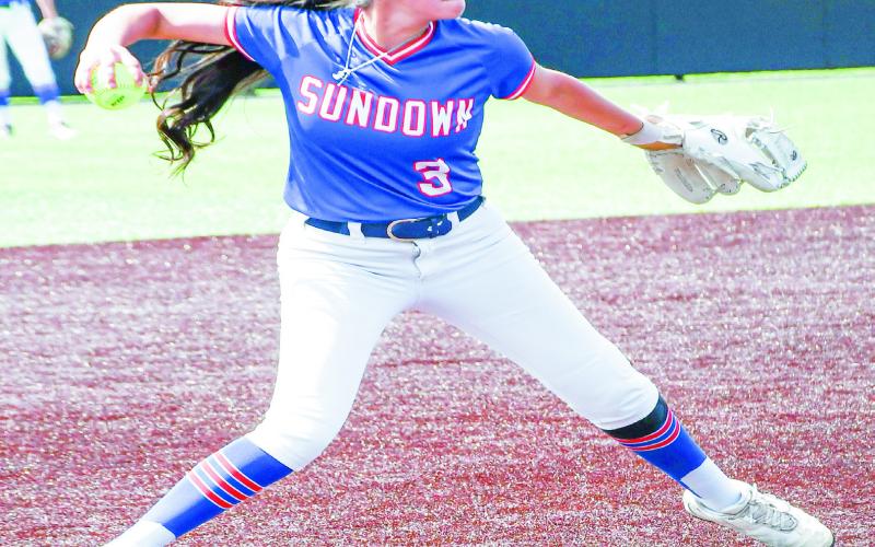 PLAYING THE HOT CORNER - Sundown Roughette Destiny Garza fields the basebal and records an out from “the hot corner,” third base side, during their playoff softball series against Muenster this past Saturday at Abilene Christian University. (Staff photo by Jentezen Smith)