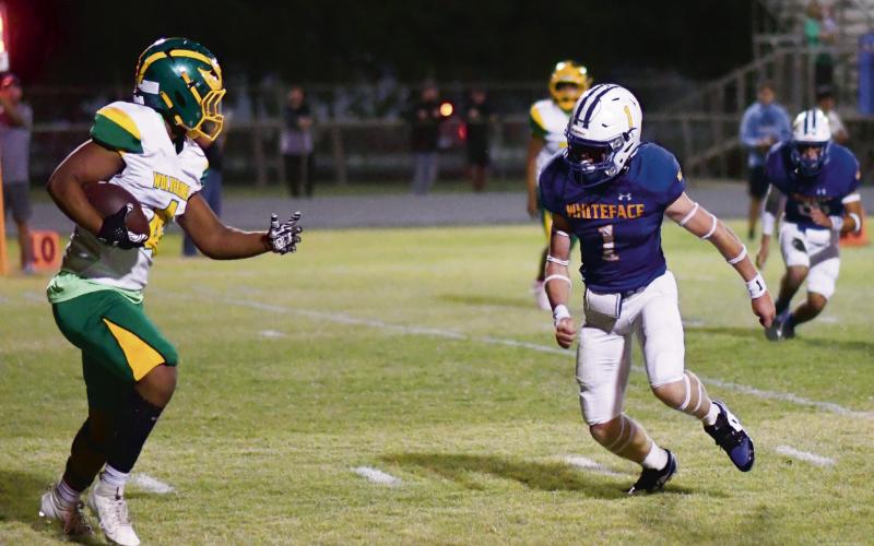 ON THE HUNT - Sophomore Luke Gresham hunts down the Springlake-Earth ball carrier during Whiteface’s Homecoming football game this past Friday night. Hodge would go on to record three total tackles in the Antelopes 82-48 victory. (Staff photo by Jentezen Smith)