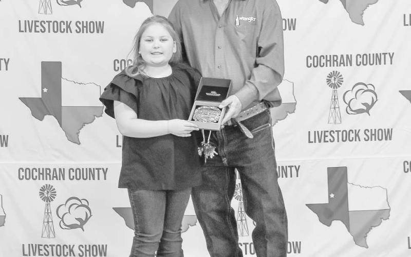 GRAND CHAMPION LAMB - Kenslee Clark was presented a buckle donated by Hadlie Jennings, Hayden Jennings and Huntley Poole and presented by Billy Joe Roberts at the Cochran County Livestock Show. (Staff Photo by Essence Childers)