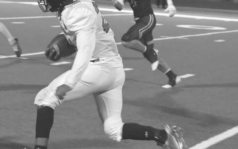 SPEED - Nomar Gomez had two catches for 43 yards in a 64-16 Whitharral Panther loss in the area round of the UIL High School 1A-2 Football Playoffs last Friday in Hermleigh. The Panthers finish their season 9-2. (Staff photo by Jay Kelley)