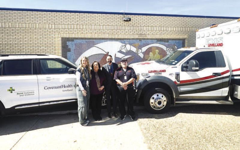 OUTREACH VEHICLE-- Covenant Healthcare in Levelland launched its Rural Outreach and Wellness Program with a new non-emergency mobile unit vehicle. Shown are Autumn Home, RN and Covenant ER supervisor, County Judge Sharla Baldridge, Newman Wheeler, Covenant Levelland chief administrator, and Pat Vigil, RN and EMS director. (Staff photo by Shelby Radford)