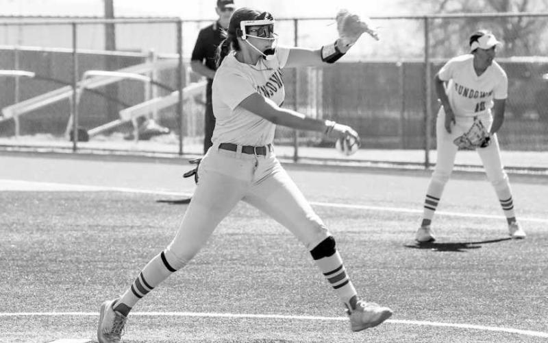 POWERARM - Pictured is Roughette Destiny Garza pitching against the Tahoka Lady Bulldogs Tuesday. The Roughettes began district play against the Seagraves Lady Eagles with a 17-0 win and followed their performance with a win over Tahoka, 13-3. The Roughettes improved to 3-0 following a 18-0 win against the Morton Maidens. (Photo courtesy of Sundown ISD)