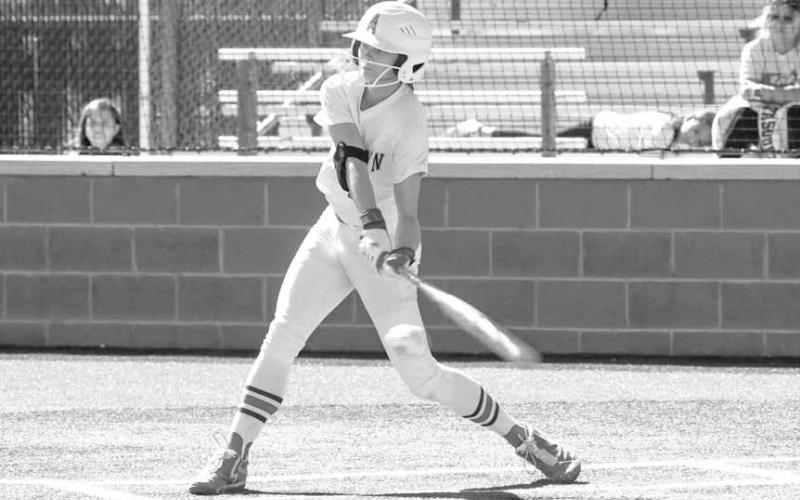 SINGLE TO LEFT - Pictured is Roughette Breigh Gregory putting the ball in play for an easy single against the Tahoka Lady Bulldogs Tuesday. The Roughettes took their talents to Post Saturday looking for their fourth district win. The Roughettes have controlled the tone of each district game defensively and have scored double-digits in each game. (Photo courtesy of Sundown ISD)