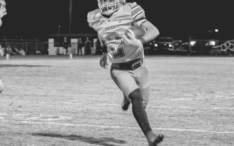 SPEED - Ropes Eagle Mason Marmolejo got the edge on a run play against the Tahoka Bulldogs October 11th on the road in the team’s district opener. (Staff photo by Aalijah Soliz)