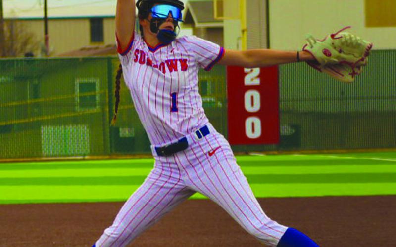 DOMINANCE IN THE CIRCLE - Sundown Roughette Breigh Gregory pitched during the team’s contest this past Friday against the New Deal Lady Lions at home. Gregory finished with 10 strikeouts while allowing six hits and four runs over seven innings. (Staff photo by Aalijah Soliz)