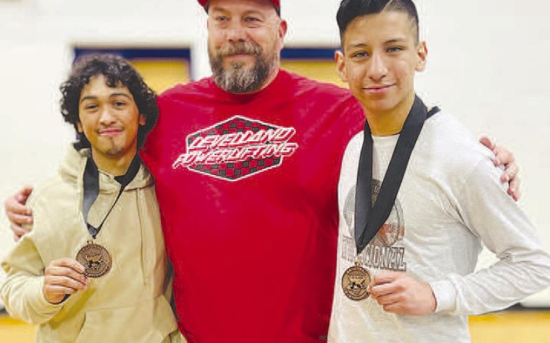 STATE QUALIFIER- Levelland Powerlifting Coach Mike Brogden shared that RJ Lopez and Nathan Rendon will be moving on to the State Powerlifting Meet on the 24th in Abilene. Pictured from left to right are Nathan Rendon, Head Coach Mike Brogden and RJ Lopez. (Photo Courtesy of Cristal Isaacks)