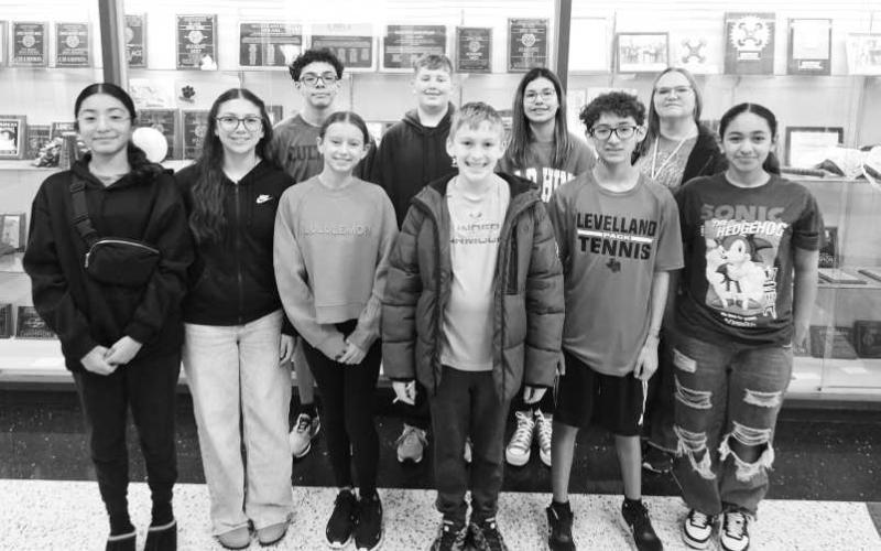 NJHS GIVES BACK-- NJHS members and Chair Patricia Johnson were honored at LMS Friday for raising $1,654 to help LMS Families during the holiday. The National Junior Honor Society teaches members to give back to those in need. Pictured are NJHS members Ezryn Leaks, Cody Grissom, Olivia Ramirez, Ms. Patricia Johnson, Ximena Charia, Ximena Chavira, Eva Moreno, Emma Pena, Blake Curtis, Jacob Cisneros, and Jocelynn Arriaga. (Photo courtesy of Cristal Isaacks)