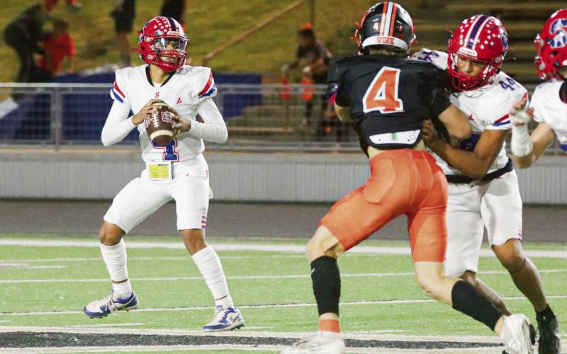 LANDA DROPS BACK TO THROW - Sundown sophomore starting quarterback Marco Landa drops back to throw as his senior teammate Josh Hogan blocks for him during their playoff football game against Wink this past Thursday night. Landa would throw for 118 yards, completing 12/19 passes. (Photo provided by Sundown Roughnecks Facebook)
