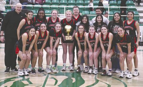 AREA WIN- The sixth ranked Levelland Loboettes eliminated the Bridgeport Sisses, 44-18, in Hamlin Friday evening to become the 4A Region 1 Area Champions. Back row L-R: Barnett, Leilani, Destinyii,Laci, Ellie, Coach Nathan Riggan, Marleah, manager Cathy Luna, Coach Marc Rios-Elbert, trainer Cecilia Berumen and Mia Morin. Front row L-R: Adrenna Galvan, Olivia Velardez, Emery Smith, Carly Tienda, Madison Stafford, Presley Smith and Angelica Gonzales. (Staff Photo by Dom Puente)