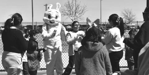 PETER COTTON TAIL- Peter Cotton Tail spent time taking pictures with the children from the Levelland ABC School on Wednesday at the Hip Hop Event at the Lobo Stadium. (Staff photo by Emily Campos)