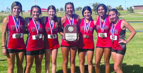 The Levelland Loboette varsity cross country team were crowned district champs last Saturday at Mae Simmons. Pictured in no particular order are: Evelyn Mendias, Ariani Lopez, Ciarra Sanchez, Emily Ramirez, Kaydence Escarcega, Alanis Valderas and Tea Johnson. The Loboettes are coached by Nelda Munoz. The Loboettes will be running at the Regional Meet October 24th and 25th. (Photo Courtesy of Cristal Isaacks)