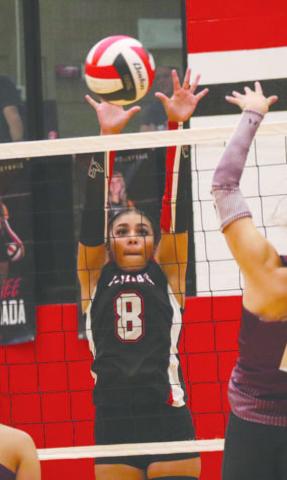 RISE UP - Levelland Loboette Mia Sepulbeda got vertical to block the Littlefield Lady Cub shot this past Tuesday at home. (Staff photo by Aalijah Soliz)