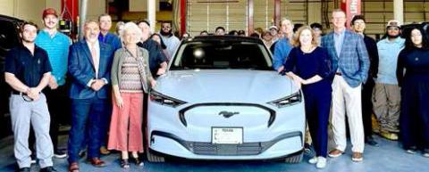 MUSTANG DONATION-- Smith Auto Family presents a 2023 Ford Mustang Mach-E to South Plains College leadership and automotive students on Sept. 24 on the Levelland campus. The SPC automotive service technology program will use the Mustang to teach students about the theory of electric vehicles and offer hands-on training in advanced automotive technologies. (SPC Photo)