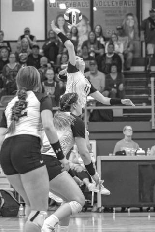 SPIKE - Ropes Lady Eagle Aubrey Bandy spiked the ball over the net in the teams playoff loss against the Tolar Lady Rattlers. (Photo courtesy of Donovan Martin)