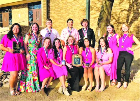 ROPES OAP WINS DISTRICT CHAMPIONSHIP-- Ropes High School One Act Play ensemble of cast, crew and directors won the District Championship and will advance to the Bi-District round. Awards earned included Best Technical Crew; Honorable Mention All-Star Cast, Madelyn Reeves; All-Star Cast, Peyton Sawyer and Abby Wyatt; and Best Performer, Aria Warren. (Ropes ISD photo)