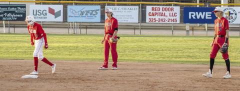 HOLDING THE RUNNER- Levelland infielders shortstop Alex Cervantes and second baseman Wyatt Baccus watched a Mustang runner during a district road game against Sweetwater. The Lobos picked up a 16-5 win over the Mustangs. Levelland is now 15-9 overall and 3-2 in district. The Lobos are tied for second in the district with Big Spring. (Photo Courtesy of Kevin Klose)